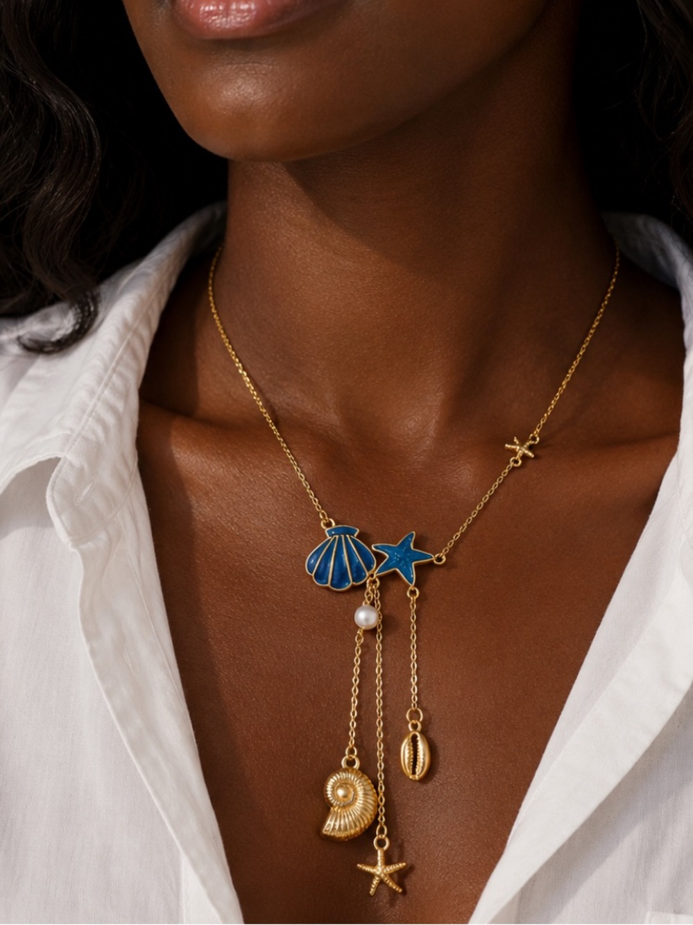 New! Coastal Gold Blue Starfish Shell Necklace NWOT 1033
